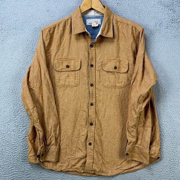 Carbon2Cobalt Men Large Shirt Button Up Tan Flannel Yak Blend Flap Pocket Casual